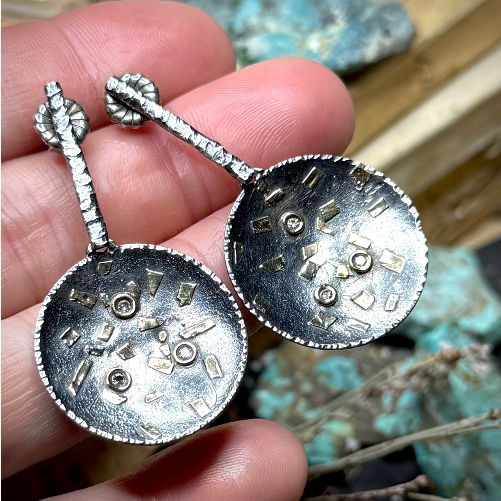 Designer Artisan 18k Gold Diamond Oxidized Sterling Silver Disc Dangle Earrings - Picture 11 of 11